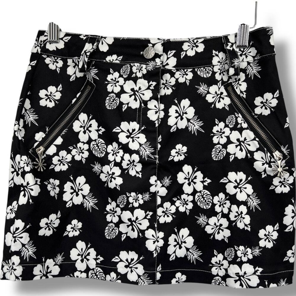 Delia's Tropical Floral Print Mini Skirt Black White Hibiscus Women's S‎